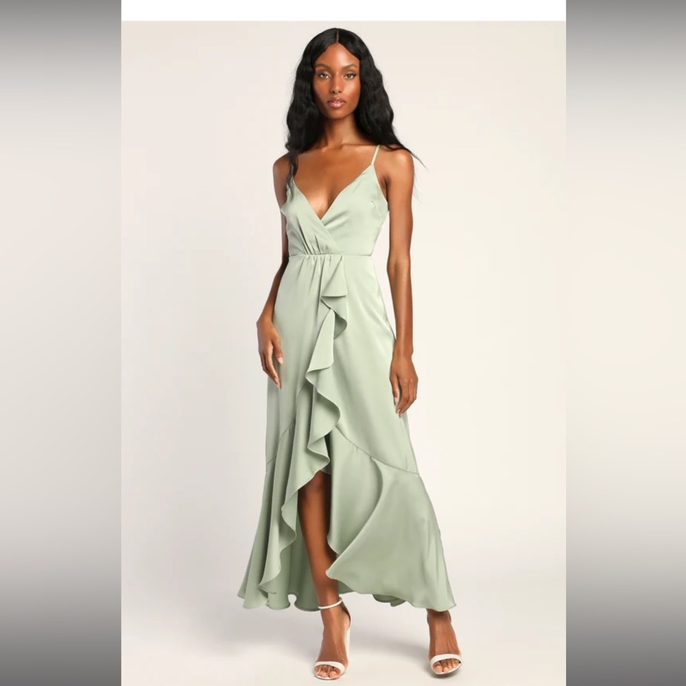 Enchanted Moments Sage Green Satin Ruffled High-Low Dress